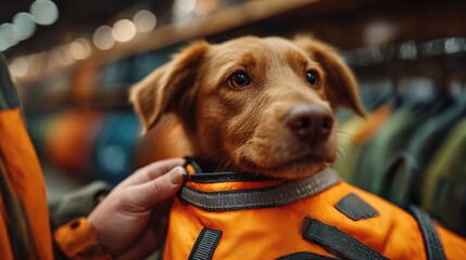 Adorable Nova Scotia Duck Tolling Retriever Puppy Being Fitted with a Bright Orange Safety Vest, Close-Up Portrait in an Indoor Setting