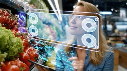 Digital grocery shopping: A woman uses augmented reality to browse produce in a grocery store, embodying the fusion of technology and everyday life. - Powered by Adobe