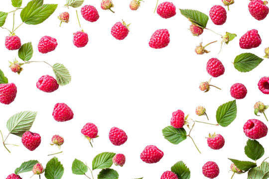 Red raspberries and green leaves in a dark setting isolated on transparent PNG