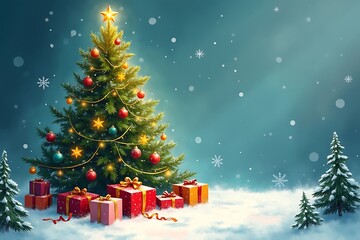 Obraz premium Christmas tree with presents in snowy landscape