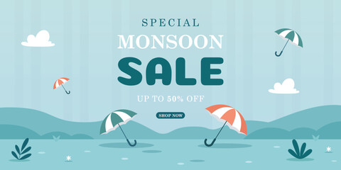 Lovely monsoon sale composition with  Discount, Cute umbrella for monsoon season sale, template, Text Space Background. vector illustration
