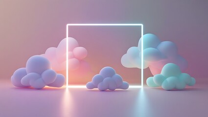 3d rendering, abstract minimalist background of pastel cloud and blank linear square frame glowing with neon light, simple geometric wallpaper