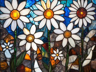 Stained glass depiction of daisy flowers with white, blue, and yellow petals on a wall background.
