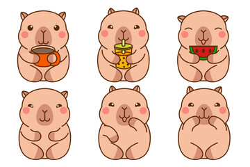 Cute cartoon capybara with bubble tea, watermelon, cup of coffee. Happy kawaii Capibara sticker clipart animal illustration. Wombat kapibara. Stock vector illustration isolated on white background.
