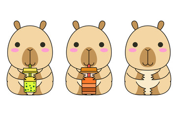 Cute capybara with bubble boba tea. Happy kawaii Capibara sticker clipart animal illustration. Wombat kapibara. Stock vector illustration isolated on white background.