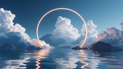 3d render, abstract geometric background, white cloud and glowing neon round frame. Illuminated cumulus. Minimal futuristic seascape with reflection in the water