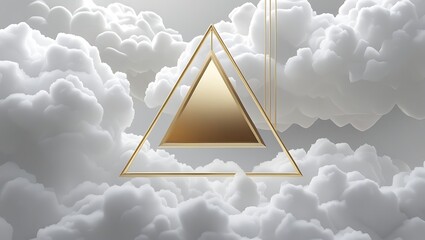 3d render, abstract geometric background of gold linear triangle inside the white cloud, floating mystic vapor, futuristic minimalist wallpaper