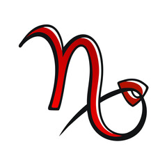 Capricorn zodiac symbol in red and black flowing design