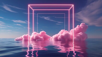 3d render, abstract background with pink cloud levitates inside glowing square neon frame, with reflection in the water. Minimal futuristic seascape