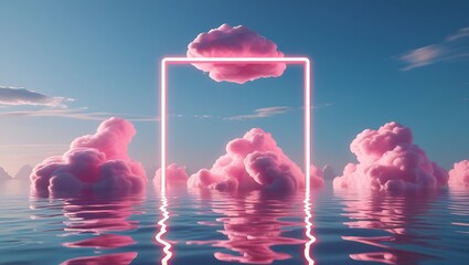 3d render, abstract background with pink cloud levitates inside glowing square neon frame, with reflection in the water. Minimal futuristic seascape