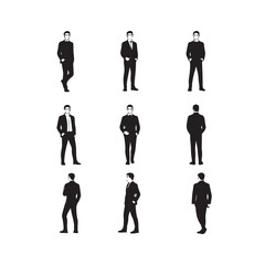 A set of Nine black silhouette figures of businessmen in formal suits, presented in different views (front, side, back). vector art on white