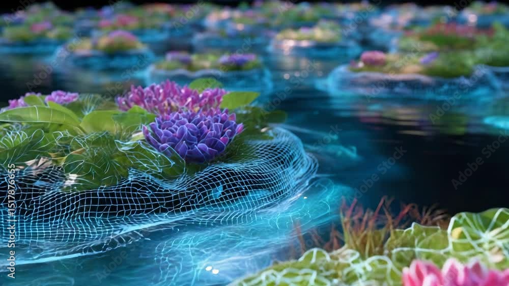 Poster delicate water lilies hovering over glowing digital networks, representing harmonious fusion between