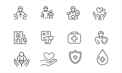 Fototapeta premium A collection of simple, black line icons depicting various healthcare-related concepts.