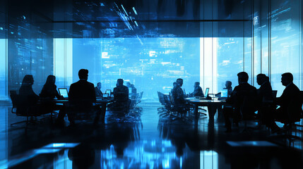 Group of business people working with technology at a meeting in a conference room