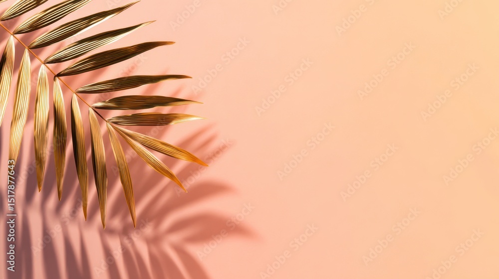Poster golden palm leaf casting shadows on a soft peach background, creating a serene atmosphere