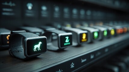 Smart Pet Trackers Displayed on Shelf: Innovative Wearable Technology for Animal Monitoring and Wellness, Modern Design, Close-up