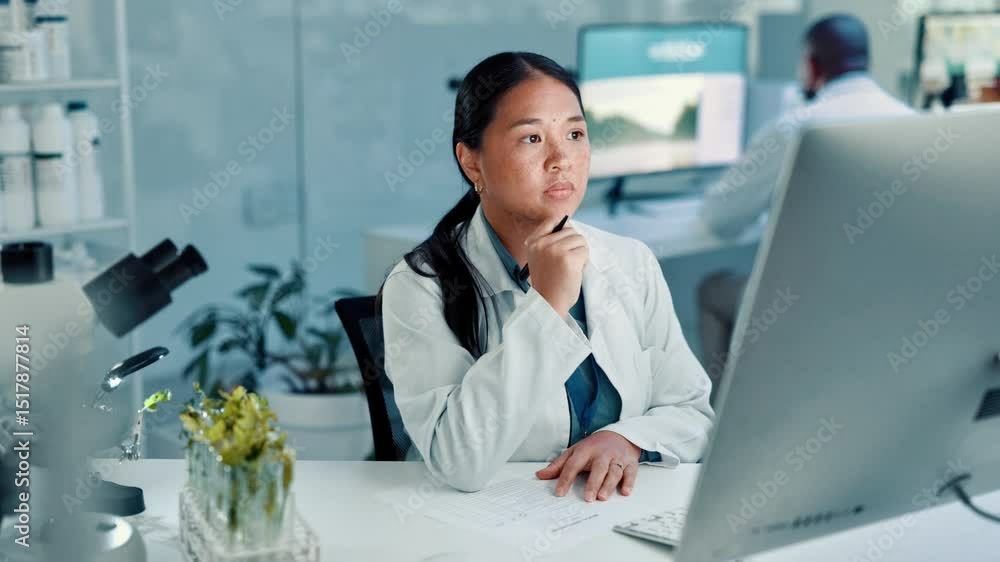 Poster Thinking, science and woman with computer, research and writing with email, botany and solution. Person, agronomist and scientist in laboratory, pc and website info with tech, nature and planning