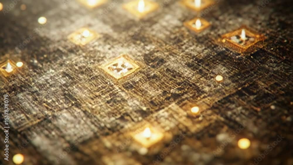 Poster golden microchip surface with glowing details and intricate connections pulsating with energy, symbo
