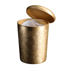 Metallic gold floral embossed trash bin with removable lid and inner liner, empty, isolated on transparent background