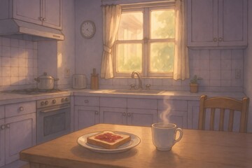 Cozy lilac kitchen with toast and coffee in morning light