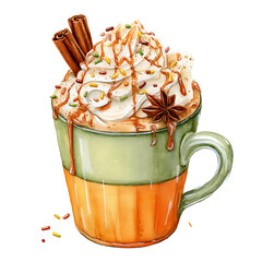Pumpkin spice latte with whipped cream and cinnamon, watercolor illustration