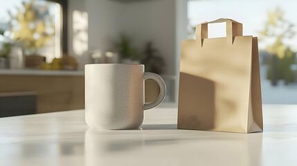 Light Filled Kitchen Scene With Coffee Mug And Paper Bag