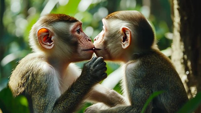 Two young monkeys face each other, close up, in a lush green forest setting