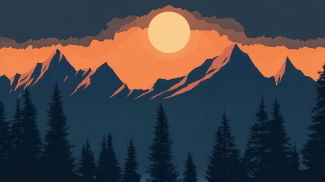 The illustration shows a majestic mountain towering above a dense, green, and peaceful forest landscape.

