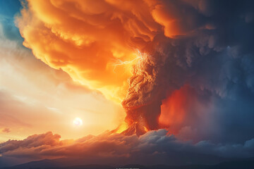 Massive volcanic eruption with lava flowing