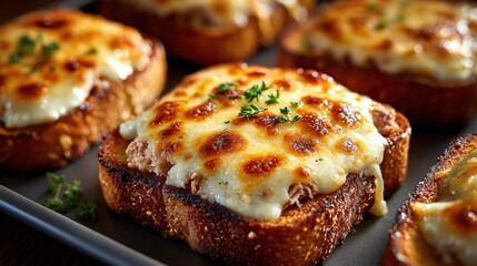 Delicious Tuna Melts on Toasted Bread, Topped with Melted Cheese and Parsley, Served on a Dark Tray, Close Up View