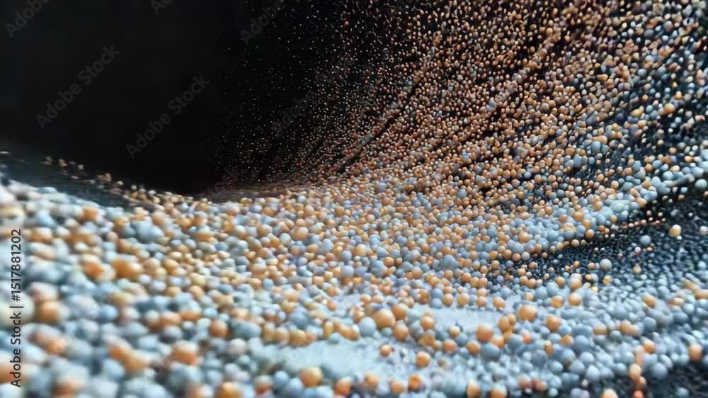 Poster numerous small spheres, primarily blue and orange, are flowing through a dark tunnel with a textured