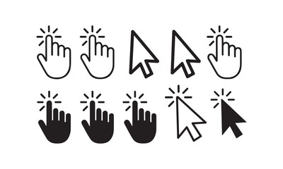 Cursor Click Icon Set &ndash; Hand and Pointer Click Line and Solid Style Symbols