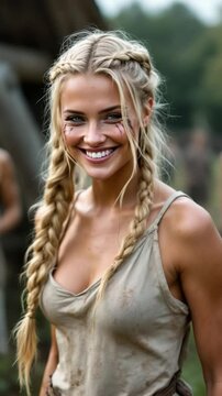 A viking villager woman, smiling at the camera with villageres in the background