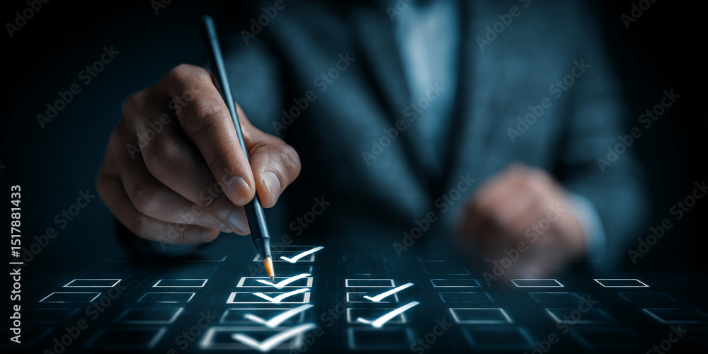 Poster hand checking items on a digital checklist, signifying task completion, project management, and achi