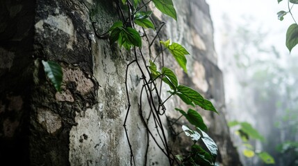 Green foliage cascades down the weathered stone wall evoking aged beauty