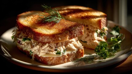 Delicious Chicken Salad Sandwich on Toasted Bread with Fresh Dill Garnish, Served on a Plate, Close-Up Studio Shot