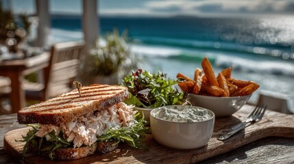 Delicious Tuna Sandwich with Fries and Salad Served Outdoors with Ocean View, Perfect for Summer Lunch or Vacation Meal