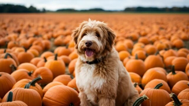 Dog in a field of pumpkins
