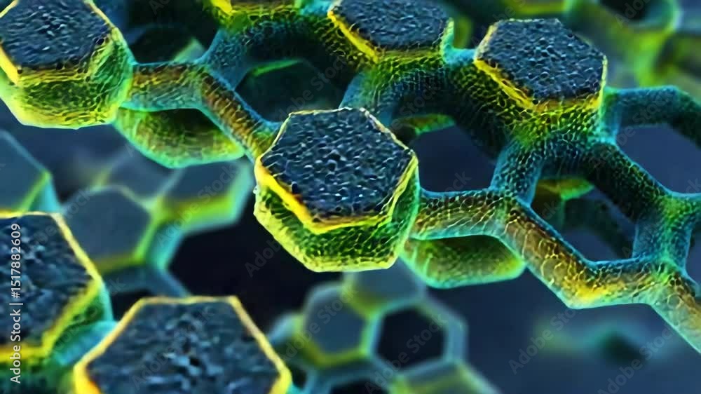 Poster intricate hexagonal structure with a granular texture rotates and transforms, showcasing innovation 