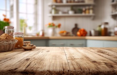 Rustic Kitchen Tabletop with Ingredients and Blurred Background