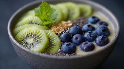 Sweets a bowl with chia seeds, granola, milk, blueberries, kiwi slices, and mint leaves on a dark background.