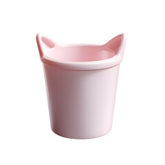 Small pastel pink cat-shaped trash bin with pointy ears and tail, empty and clean, isolated on transparent background