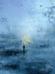 Obraz premium Misty Figure in Calm Blue Landscape