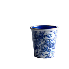 Vintage ceramic vase style designer trash bin with blue and white floral glaze, empty, isolated on transparent background