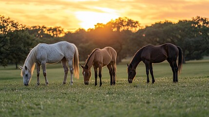 Horses grazing at sunrise