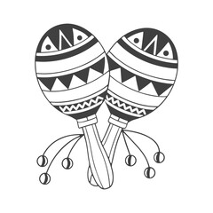 Pair of detailed hand drawn monochrome maracas with ethnic patterns. National symbol of Mexico. Illustration, sketch.