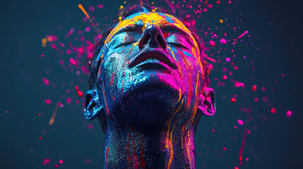 A person's face covered in vibrant paint with eyes closed and colorful splashes against a dark background