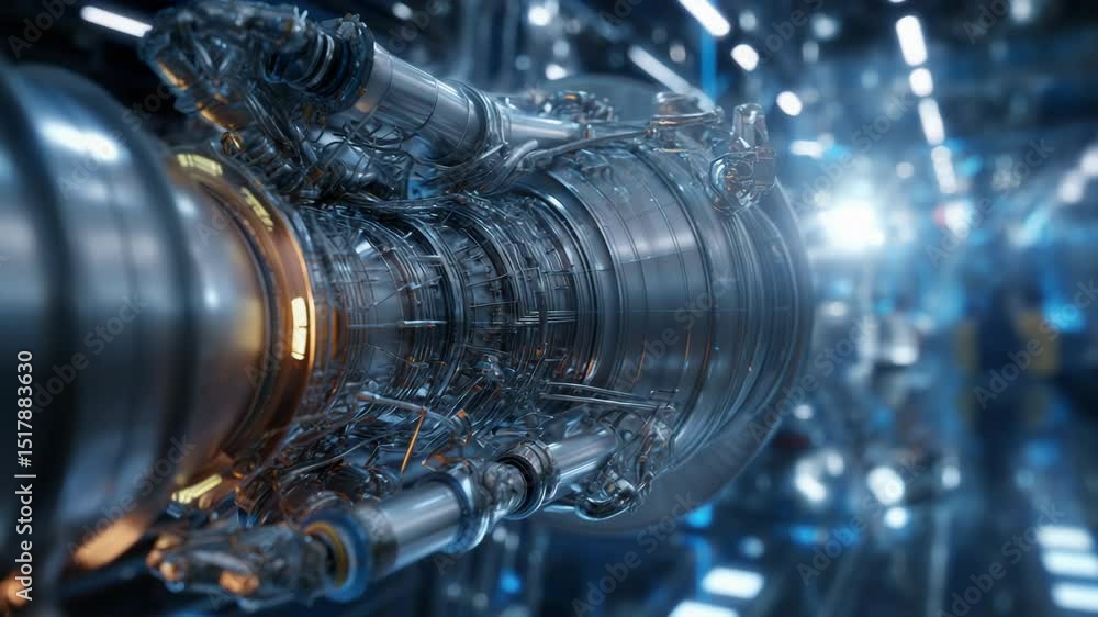 Poster complex machinery with transparent sections reveals intricate internal components, illuminated by dy