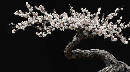 Close-up of a bonsai plum blossom tree against black background