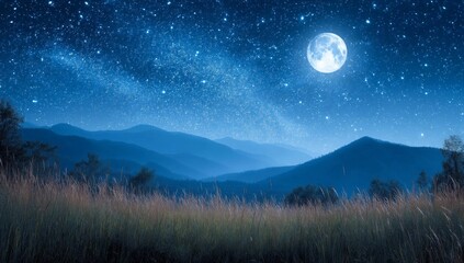 Fototapeta premium Serene Night Landscape with Starry Sky and Full Moon over Mountains